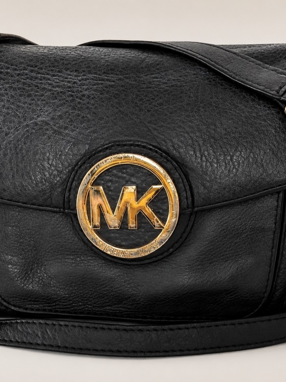 Michael Kors Black Pebbled Flap Crossbody Bag Gold MK Medallion Chain